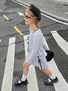 SHEIN Tween Girl Bow Decor Long Sleeve Ruffle Hem T-Shirt And Skirt Set - Grey - View 3