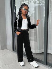 Tween Girl Velvet Rhinestone Hoodie & Fitted Pants 2pcs Suit Set, Fashion Casual Outfit For Halloween, Christmas Party, Weekends, Casual Outing Fall Winter - Black - View 10