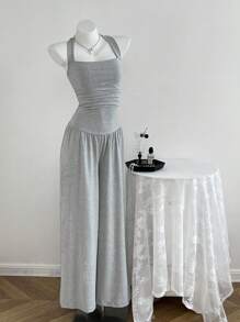 SHEIN Unity 女式黑色无袖连体裤，百搭休闲度假直筒连体裤，全年穿着 - 淺灰色 - 查看 5