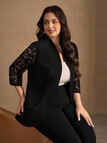 SHEIN Clasi 2 件大码女式纯色撞色蕾丝七分袖西装外套和裤子套装，秋冬办公室商务休闲装 - 黑色 - 查看 5
