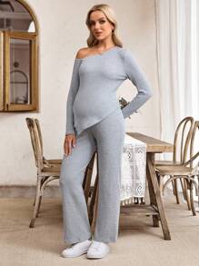 SHEIN 2 Pcs Maternity Autumn/Winter Casual Ribbed Asymmetric Shoulder Top And Wide Leg Pants Set - Grey - View 3