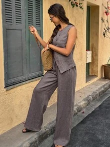 SHEINBlues 2 件女式波西米亚亚麻度假风格服装 - 棕色 - 查看 4