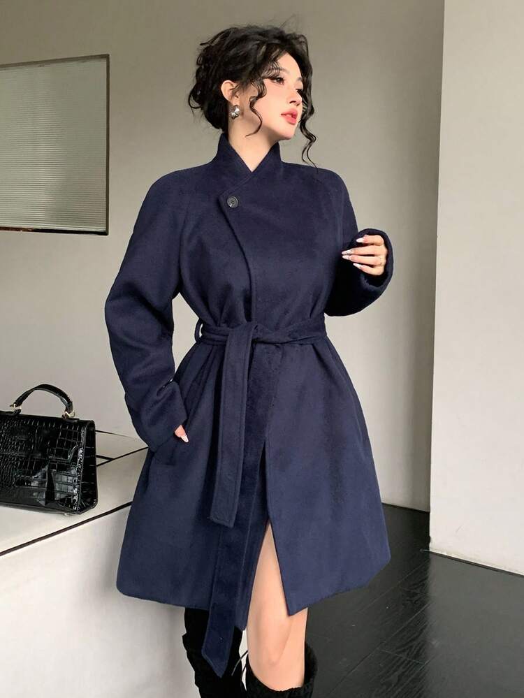 Women's Oblique Collar Waist Cinched Long Sleeve Mid-Length Woolen Jacket Women Coats