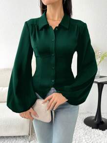 Modelyn Áo sơ mi tay đèn lồng buộc chéo màu trơn thanh lịch dành cho nữ màu đỏ tía, mùa thu - Màu xanh lá cây đậm - Xem 3