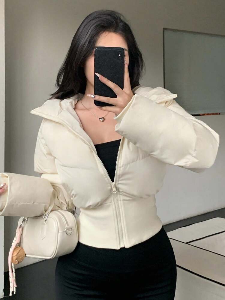 Women's Solid Color Cinched Waist Hooded Jacket, Casual & Versatile For Winter Women Coats