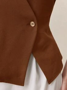 BizChic Áo sơ mi nữ cổ chữ V tay ngắn cài nút kim loại màu cà phê mới thu 2025, hiện đại thanh lịch đô thị lãng mạn tinh tế mộc mạc lễ hội âm nhạc cổ điển du lịch sân bay đám cưới khách sinh nhật Halloween công sở thường ngày tiệc tùng đi chơi sân bay trở lại trường trang phục mùa thu cho nữ - màu nâu - Xem 3