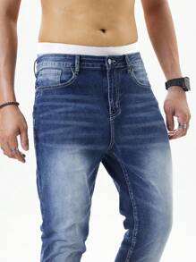 Manfinity Homme Men's Denim Jeans With Printed Pocket Decor, Slim Fit, All Season - Blue - View 6
