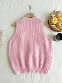 Comfortcana Fall Clothes For Women,WinterPlus Size Casual Solid Color 3D Floral Decor Sleeveless Knit Top - Pink - View 2