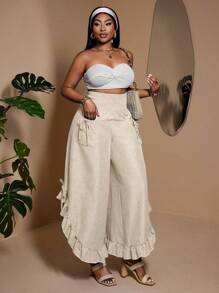 Maweii 大码女式纯色高腰蝴蝶结装饰荷叶边下摆阔腿裤，非常适合度假穿着 - 杏色 - 查看 6