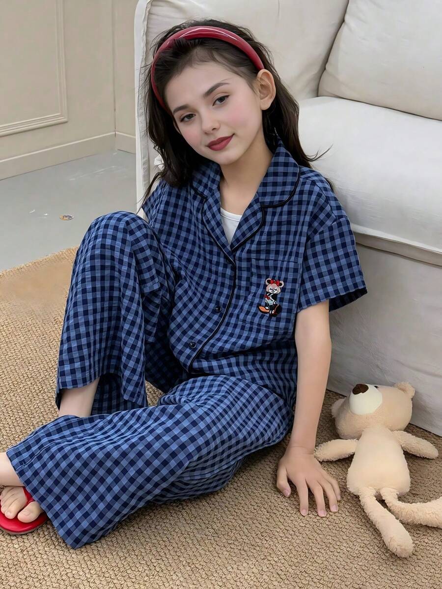 2pcs/Set Tween Girl Cartoon Embroidery Short Sleeve Top & Pants, Woven Fabric, Indigo Home Outfit Boy Clothes For Kids Pj Set Pajama Sets Clothes Outfit Set Clothing Sets Clothes Kids Outfit Set Kids Outfits Clothes Set Summer Clothes Sets Holiday Travel Releax Summer Clothes - Navy Blue - View 1