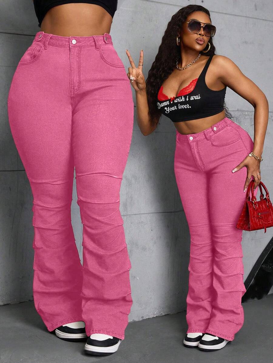 SHEIN SXY 大码女式复古弹力粉色牛仔喇叭裤，侧褶设计 - 粉色 - 查看 1