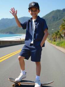 SHEIN Tween Jongen Stevige Voorpand met knoppen Shirt & Shorts Zonder T-shirt