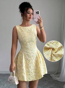 Modelyn Damen Butter Gelb Jacquard ärmelloses Taillen Raffung Sommer Lässig Kleid - Gelb - Übersicht 5