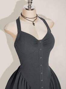 SHEIN ICON Plus Size Halter Cinched Waist A-Line Dress, Y2K, Back To School, Grey Dress - Grey - View 6