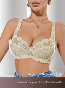 SHEIN 1pc Romantic French Floral Lace Underwire Padded Adjustable Strap Bra For Women