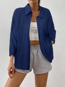 SHEIN EZwear Kemeja Lengan Kelelawar Putih Polos Musim Semi - Navy Blue - View 6