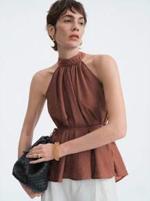 Aalyst 女士休闲宽松简约优雅亚麻竹纤维无袖衬衫，领口和腰带，适合度假和通勤，春夏季 - 鏽棕色 - 查看 5