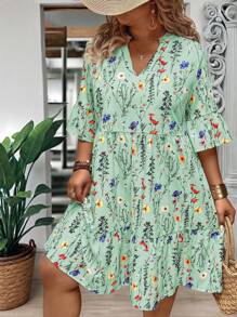 EMERY ROSE Plus Size Women's Summer Branch Floral V-Neck Ruffle Hem Loose Dress - Green - View 5