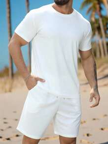 Manfinity Dauomo 男士休闲T恤和短裤套装，夏季 - 白色 - 查看 3