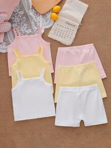 6pcs/Set Young Girls' Spring/Summer Lace Trim Knit Camisole & Shorts Set, Casual Fashion Outfits In Pink, White, Yellow Colors Girls Tank Top Set Fall Winter - Multicolor - View 2