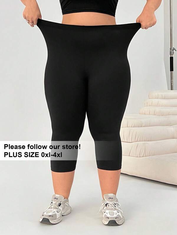 Solflare Black Plus Size Women's Gym Women Clothes,Capri Leggings,Spring Summer Clothes