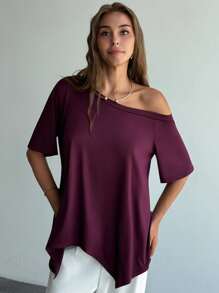Aloruh Women's Solid Color Asymmetrical Neck Casual Loose Short Sleeve T-Shirt, Summer - Purple - View 4