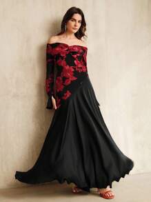 Anewsta White Elastic Fitted Flare Long Sleeve Off-Shoulder Dress For Women - Black - View 5