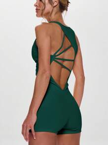 Musera Sport Mono deportivo sin mangas con corte delantero y espalda abierta, para actividades, entrenamiento y gimnasio en verano - Verde Oscuro - Ver 3
