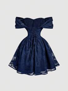 SHEIN MOD 海军蓝露肩浪漫女士连衣裙，适合约会、情人节、度假