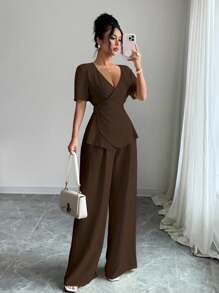 Selianne 2 件套女士夏季奶油色亚麻 V 领交叉前短袖衬衫上衣和高腰宽松阔腿裤，韩式/法式设计 - 棕色 - 查看 5