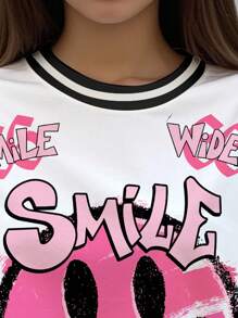 SHEIN 66 休闲脸字母数字印花，返校季，甜美酷炫运动风格，少女宽松针织超大T恤，极简主义，适合夏季，上衣，衬衫，图案T恤，少女服装，超大T恤，可爱衬衫，市中心女孩审美，青少年运动服 - 彩色 - 查看 3