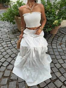 Sunnyshic 2pcs Set White And Pink Linen Top With Embroidered Ruffle Trim & Bow Decor + A-Line Long Skirt,Summer Elegant Vacation Holiday Wedding Outfit Women - White - View 6