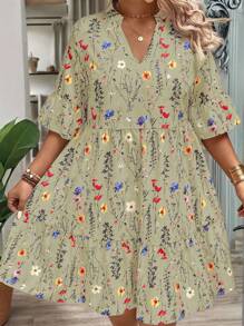 EMERY ROSE Plus Size Women's Summer Branch Floral Print V-Neck Ruffle Hem Loose Fit Dress - Army Green - View 5
