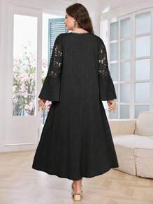 Modelyn Casual Solid Color Lace Patchwork V-Neck Ruffle Hem Long Sleeve Loose Regular Maxi Dress, Spring/Summer Plus Size Fall - Black - View 2