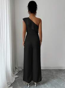 Elenzga Women's Spring/Summer Vacation Style Office Commute Beach Party Asymmetrical Neck Layered Flounce Waist Jumpsuit, Loose Straight-Leg - Black - View 2