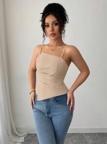 Elenzga 优雅纯色褶饰不对称下摆细肩带，夏季 - 卡其色 - 查看 6