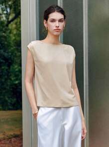 Chiquease Camiseta de unicolor con cuello redondo y pliegues, suave y con una actitud minimalista - Caqui - Ver 6