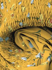 SHEIN LUNE 加大码女式 Ditsy Ditsy 花卉方领荷叶边下摆松紧腰吊带背心 - 黃色 - 查看 5