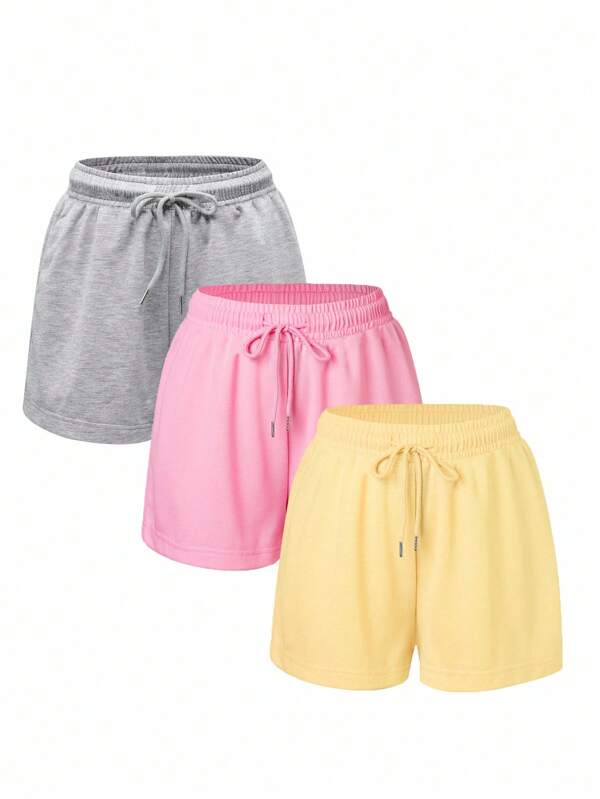 3pcs Women Plus Size Solid Color Drawstring Waist Casual Sports Shorts, Suitable For Spring/Summer, Suitable For Home & Outdoor