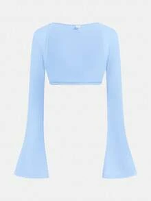 SHEIN Girlism Bộ 2 chiếc áo len cardigan màu trơn và váy suông bó sát cho bé gái tuổi teen, thanh lịch và hợp thời trang cho hoạt động ngoài trời và tiệc tùng - Màu xanh nhạt - Xem 4