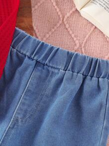 SHEIN Vintaside Kids 2 Pieces Set Toddler Girls Cherry Embroidered Long Sleeve T-Shirt Pullover & Washed Denim Cherry Embroidered Long Pants, Casual, School, Holiday Outfit Cherry Kids Outfit Cherry Two Piece Set For Girl Little Girl Denim Set Cherry Jean Set Kids Cherry Outfit,Back To School Clothes,Homecoming Set, Fall Winter - Red - View 6