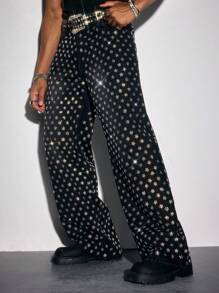 ROMWE MEN Street Life Men's Loose Fit Diamond Embellished Baggy Jeans - Black - View 1