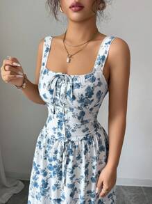 Rafferiza 2pcs Women's Ditsy Floral Waisted Tank Top & Flowy Skirt Set,White And Blue Floral,Summer,Boho,Vacation,Holiday Sundress,Fashion Outfits - Multicolor - View 5