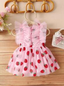 Glamorique Kids Baby Girl Pink Strawberry Glitter Tulle Tutu Dress, Popular Design - Pink - View 2
