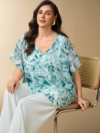 Flouryn Women Plus Size Elegant V-Neck Chiffon Print Short Sleeve Asymmetrical Hem Blouse