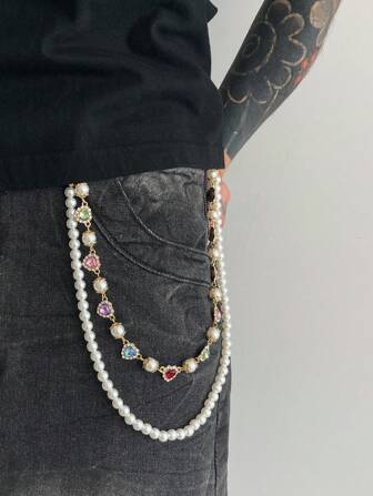 Fairycore 1 pieza Cadena para pantalones con corazón de imitación de perla de colores brillantes y decoración de rhinestones, estilo vintage y minimalista, cadena corporal personal punk hip hop para hombres, utilizada para decorar pantalones