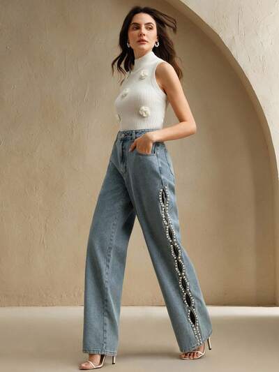 Vintage Style Beaded Women's Slim Fit Blue Denim