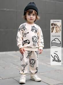 Playful Pals 秋季男童休闲动物印花长袖卫衣和裤子两件套