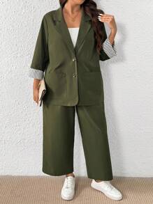 SHEIN Tall 2pcs Plus Size Women Casual Comfortable Striped Cuff Splice Solid Color Set Winter Fall Autumn