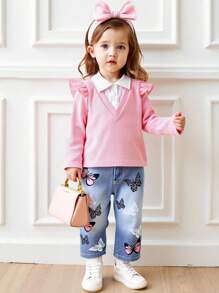 SHEIN 2pcs Set Baju Bayi Perempuan Berkerah Modis, Pakaian Kasual Warna Lembut untuk Musim Semi/Gugur - Berwarna merah muda - View 3